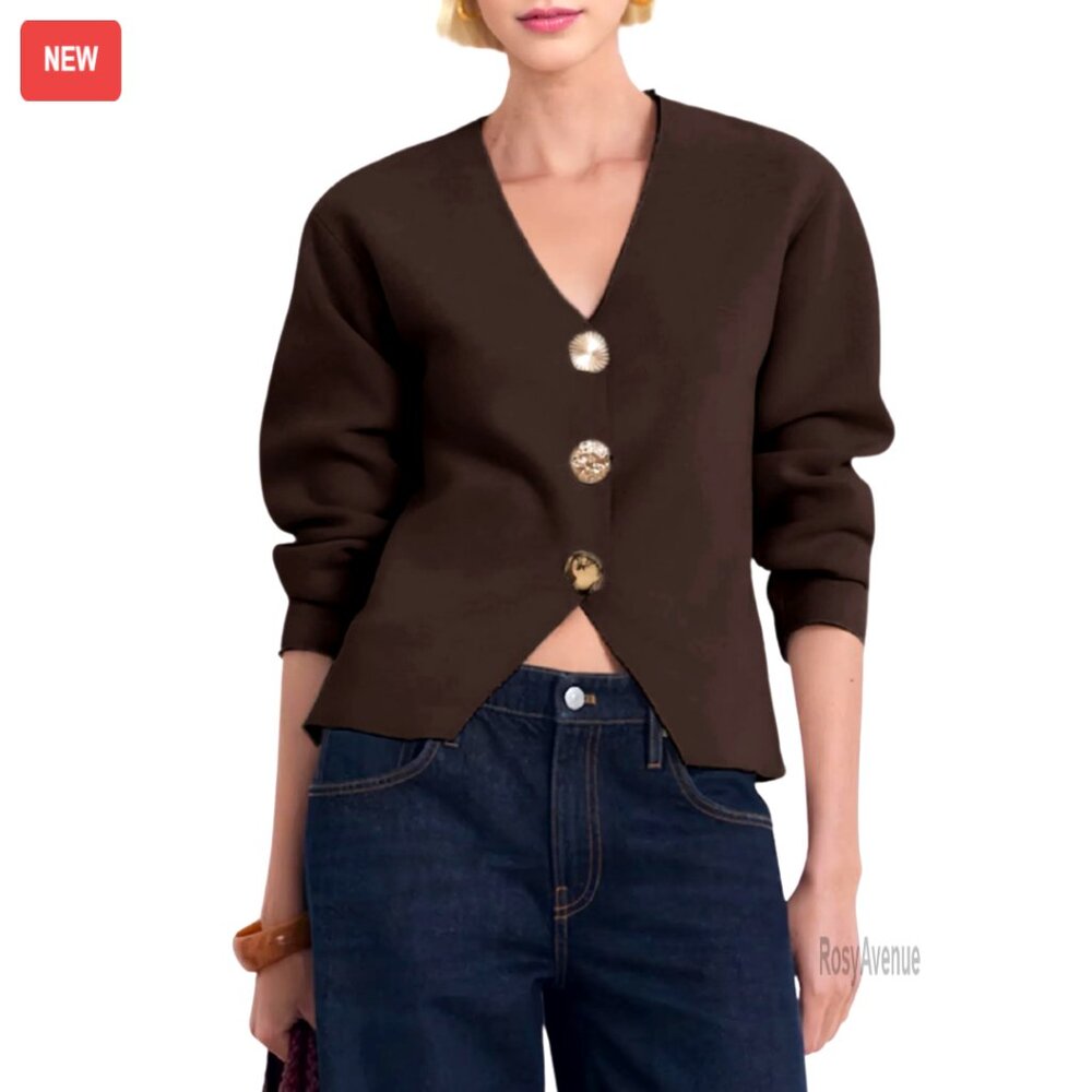 Cropped V-Neck Cardigan, Long Sleeve Knit Sweater With Gold Buttons